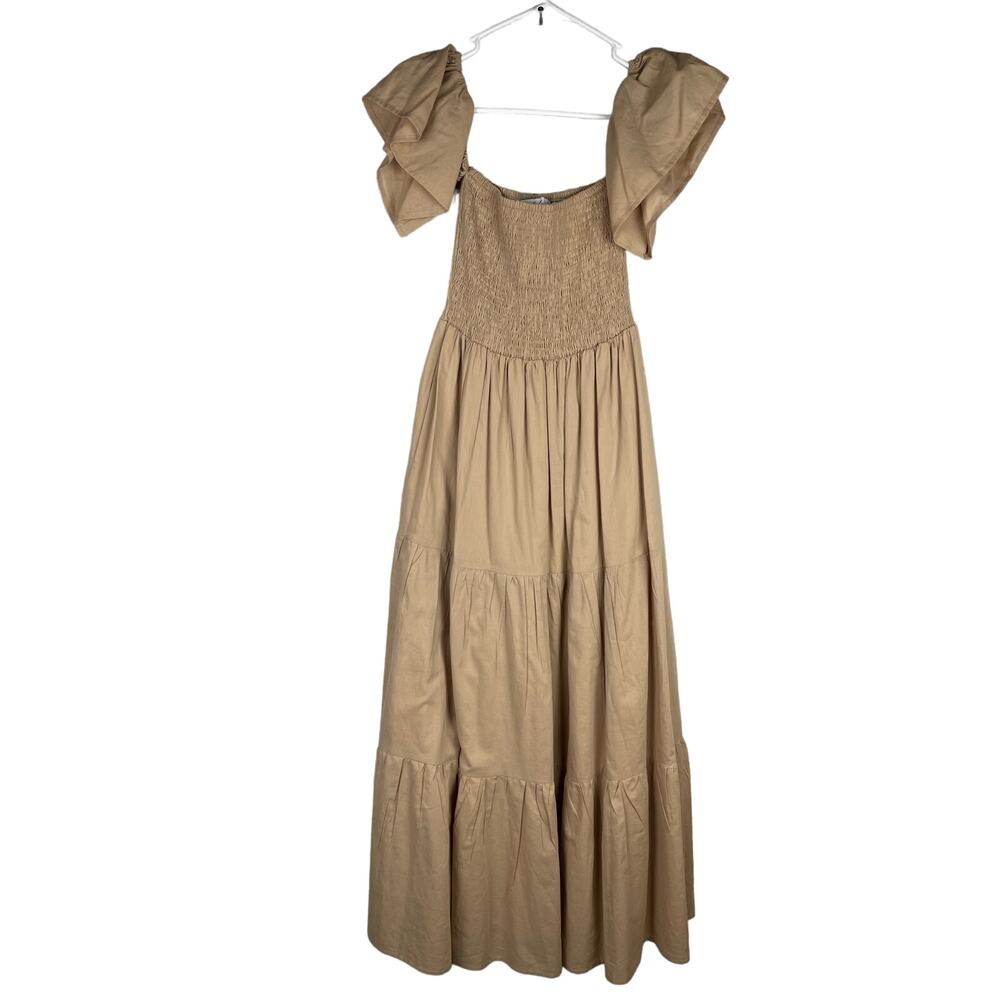 Petal and Pup Dobson Midi Dress Neutral Tan Smocking Puff Sleeves size 8 Cotton